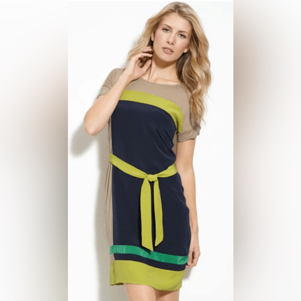 BCBGMaxAzria Women’s Louella Colorblock Tie Waist Silk Knit Dress Sz Small